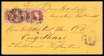 Samarang. 1864, 10 cent red strip of three on envelope