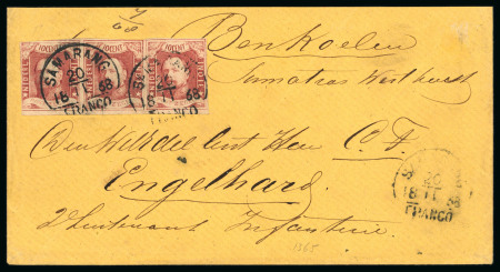Samarang. 1864, 10 cent red strip of three on envelope