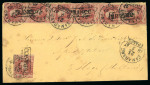 Samarang. 1864, 10 cent red vertical strip of six and a single on envelope from Samarang to the Hague