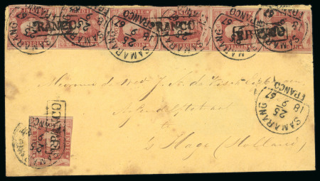 Samarang. 1864, 10 cent red vertical strip of six and a single on envelope from Samarang to the Hague