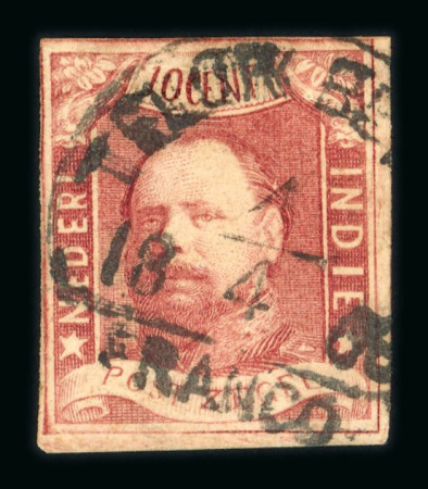 Telok Betong. 1864, 10 cent red, with clear to wide margins, clear postmark. Very rare.