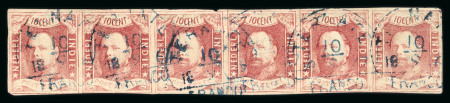 Ternate. 1864, 10 cent red strip of six, with clear