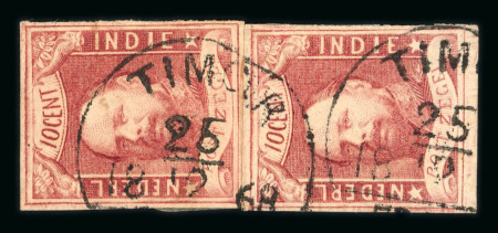 Timor. 1864, 10 cent red vertical (re-joined) pair, with Timor half-round franco.