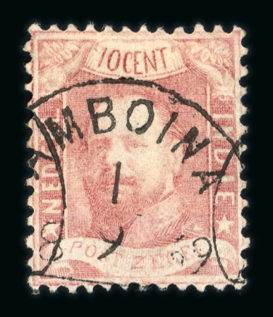 Amboina. 1868, 10 cent red, with excellent perforation. Rare cancel, 3 known.