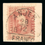 Anjer. 1868, 10 cent red, on small piece with perfectly struck ANJER. 5 known.