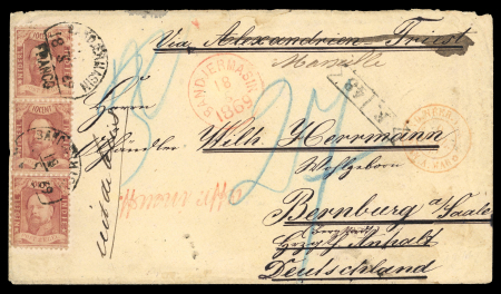 Bandjermasin. 1868, 10 cent red vertical strip of three, letter Bandjermasin to Germany.