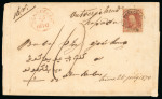 Benkoelen. 1868, 10 cent red on folded letter sent locally. Only known.