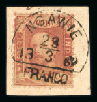Ngawie. 1868, 10 cent red on small piece, with perfect