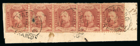 Padang. 1868, 10 cent red strip of five on piece. Very rare.