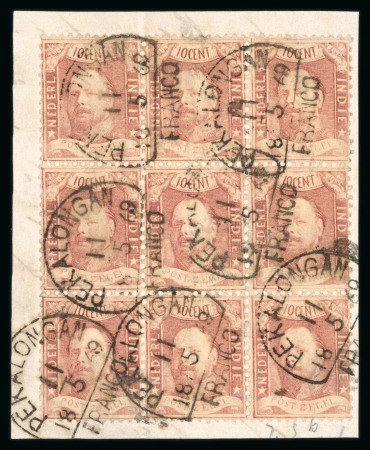 Pekalongan. 1868, 10 cent red, block of nine on piece, largest block known.