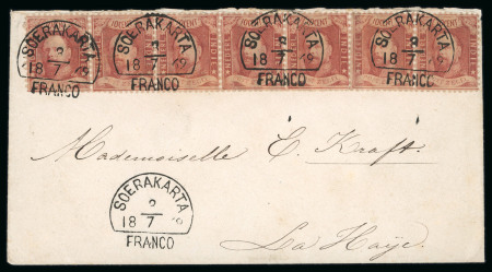 Soerakarta. 1868, 10 cent red strip of seven on envelope