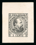 1866, black die proof, 5 cent King Willem III in the uniform of the Yellow Riders. Extremely rare.