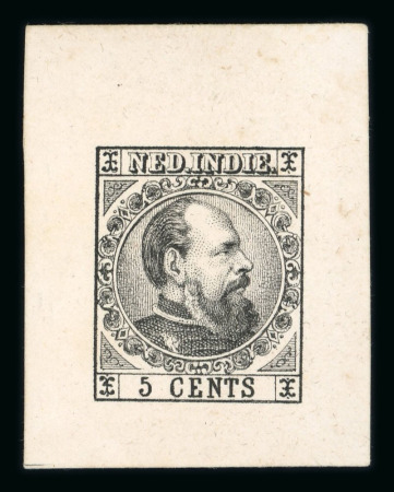 1866, black die proof, 5 cent King Willem III in the uniform of the Yellow Riders. Extremely rare.