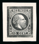 1868. black die proof, 15 cent King Willem III. Print on cardboard.