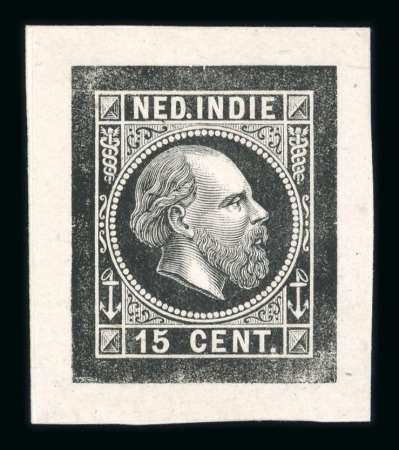 1868. black die proof, 15 cent King Willem III. Print on cardboard.