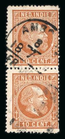 Amboina. 1870, 10 cent brown vertical pair. Cancelled by Amboina half-round franco.