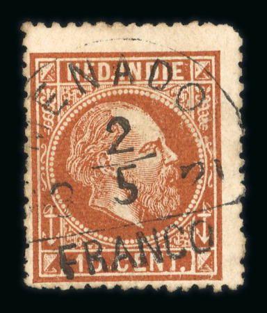 Menado. 1870, 10 cent brown with rare Menado half-round franco postmarks 2.5 1871