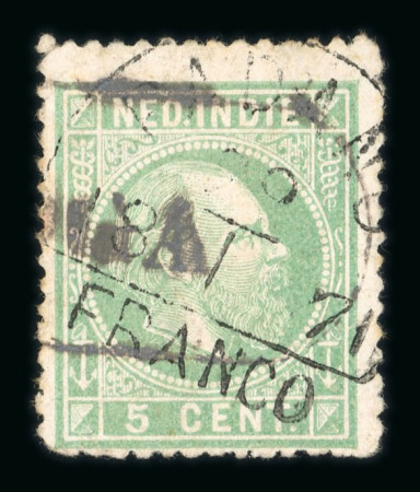 Padang. 1870, 5 cent green with Padang half-round franco postmark 29.1871. Siboga.
