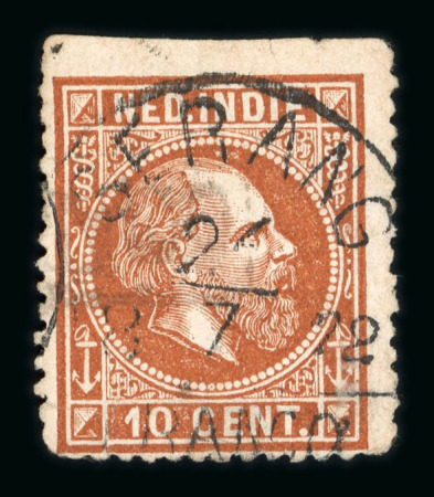 Serang. 1870, 10 cent brown with centrally struck Serang half-round franco. Very rare.