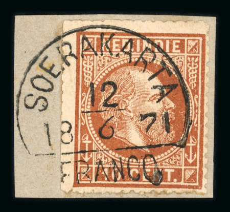 Soerakarta. 1870, 10 cent brown on small piece tied by perfect cancellation.