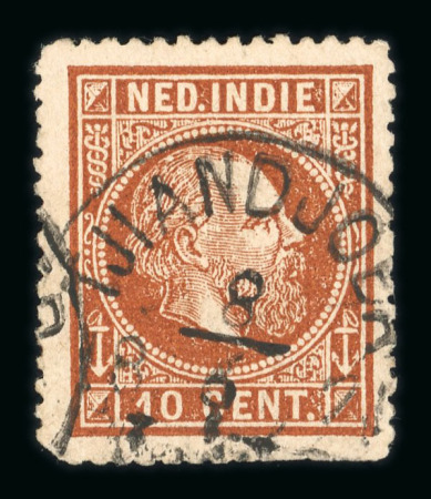 Tjiandjoer. 1870, 10 cent brown struck by centrally placed Tjiandjoer. Extremely rare.