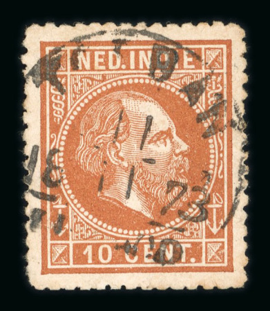 Toeban. 1870, 10 cent brown centrally struck by the rare Toeban postmark. Great rarity.