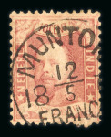 Muntok. 1868, 10 cent red pos. 16 with a wonderful strike of Muntok round franco. Rare.