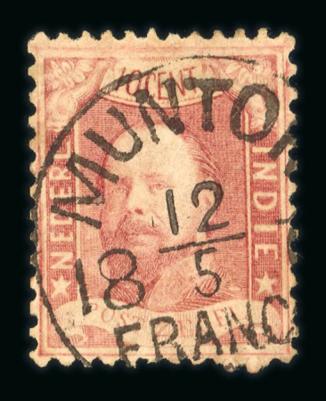 Muntok. 1868, 10 cent red pos. 16 with a wonderful strike of Muntok round franco. Rare.