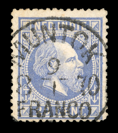 Muntok. 1870, 20 cent blue with a wonderful central MUNTOK 9.1 1870. Rare and attractive.