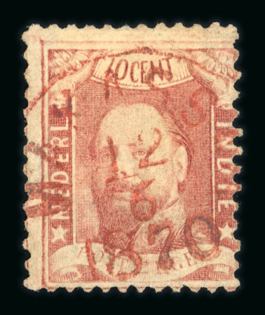 Makassar. 1868, 10 cent red with a central and clear strike of the Makassar circular postmark 12.6 1870