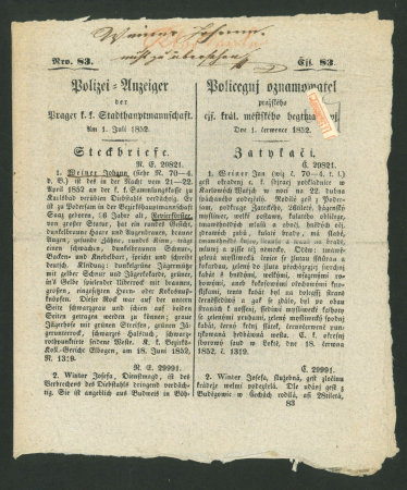 Stamp of Austria » 1850 Issue 1852, 3Kr rot HP Ty IIIa als Drittelung in Ermangelung einer 1Kreuzer Ankündigungsstempelmarke auf der Vorderseite des Prager Polizeianzeigers