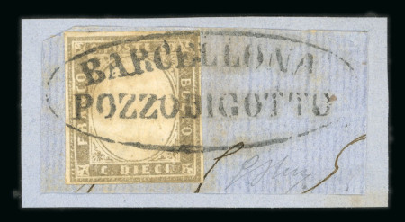 BARCELLONA POZZO DI GOTTO: 1855-63 Sardinia 10c neatly tied on fragment by superb clear strike of the oval BARCELLONA POZZO DI GOTTO, a wonderful showpiece.  Expertise: Cert. Oliva (1961), Giacomo Bottacchi, AIEP (2026)