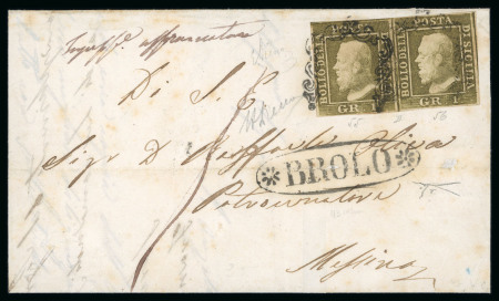 BROLO: 1859 1gr. pair tied on cover to Messina, showing a clear strike of the fancy BAROLO oval alongside, very fine and scarce.  Expertise: Signed E.Diena, A.Diena, Cert. Alberto Diena (1950), Giacomo Bottacchi (2026).