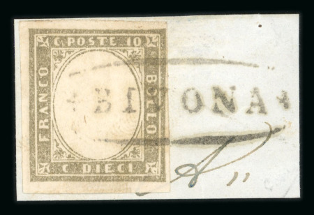 BIVONA: 1861 Sardinia 10c grey (grigio), neatly tied on fragment by clear fancy oval BIVONA strike, very fine and scarce, rarity rating Sassone R3  Expertise: Cert. Giacomo Bottacchi, AIEP (2026)