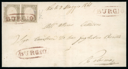 BURGIO: 1861 10c gey (grigio), horizontal pair, tied on cover by fancy red BURGIO oval, with two similar strike alongside, fine and very rare, Sassone rated R3.  Expertise: Cert. Giacomo Bottacchi, AIEP (2026)