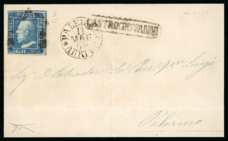 CASTROGIOVANNI: 1859 (11.5) Folded letter sheet sent to Palermo, franked 2 Gr. plate II, position 55, close to large margins, showing oval CASTROGIOVANNI in black alongside (Ocf - P.11), very fine and rare.  Expertise: C