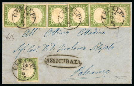 CAFALU: 1861 (14.6) Folded letter sheet sent to Palermo, franked Sardinia 5c green, seven singles, all with good to large margins, tied CAFALU/14.GIU.61 cds in black with oval ASSICURATA alongside, extremely fine and rar