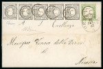 CENTORBI "F.C.": 1861 Sardinia Newspaper Stamp 1c light grey (grigio chiaro) (Sassone 19d), good to large margined strip of five and 1861 5c green, tied by clear black "F.C." circular strike with CENTORBI cds, on 1862 (2