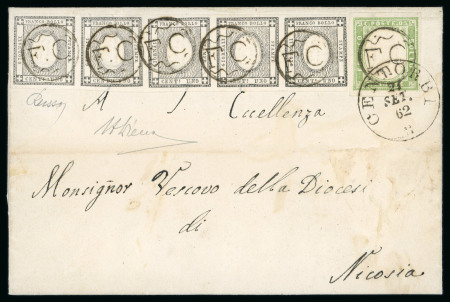 CENTORBI "F.C.": 1861 Sardinia Newspaper Stamp 1c light grey (grigio chiaro) (Sassone 19d), good to large margined strip of five and 1861 5c green, tied by clear black "F.C." circular strike with CENTORBI cds, on 1862 (2