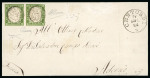 CENTORBI: 1861 Sardinia 5c green, touched to large margined horizontal pair neatly tied by superb negative mkg in black with CENTORBI/21.MAG.62 cds alongside (Osf. - P.13), on a cover front to Aderno, very fine and rare.