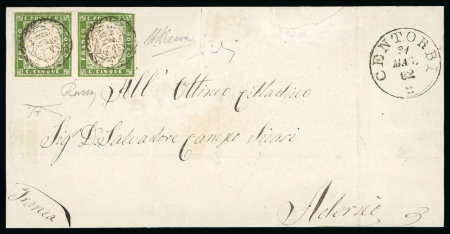 CENTORBI: 1861 Sardinia 5c green, touched to large margined horizontal pair neatly tied by superb negative mkg in black with CENTORBI/21.MAG.62 cds alongside (Osf. - P.13), on a cover front to Aderno, very fine and rare.