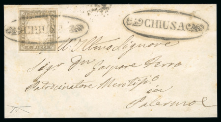CHIUSA: 1861 Sardinia 10c grey bistre, large even margined single tied by fancy black oval CHIUSA mkg with similar alongside (Osf. - PR1), on 1861 (3.5) folded letter sheet front to Palermo. Very fine and attractive.  Ex