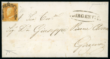GIRGENTI: 1859 (29.5) Folded letter sheet sent within Girgenti, franked 1/2 Gr. orange, showing oval GIRGENTI in black alongside, very fine and rare.  Expertise: Signed "AD" Alberto Diena, cert. Giacomo Bottacchi, AIEP (