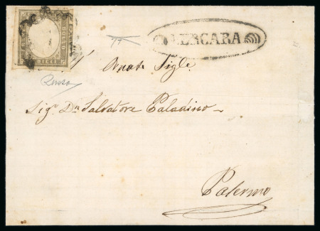 LERCARA: 1861 Sardinia 10c dark grey bistre (grigio bistro scuro) with black fancy oval ALRCARA mkg alongside on 1861 folded letter sheet
