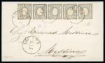LICATA: 1861 Sardinia Newspaper Stamp 1c light grey (grigio chiaro) (Sassone 19d), five good to large margined singles, all tied by clear black LICATA cds, on 1862 (13.1) folded letter sheet to Messina, an interesting an