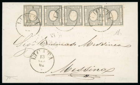 LICATA: 1861 Sardinia Newspaper Stamp 1c light grey (grigio chiaro) (Sassone 19d), five good to large margined singles, all tied by clear black LICATA cds, on 1862 (13.1) folded letter sheet to Messina, an interesting an