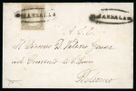 MARSALA: 1861 Sardinia 10c grey, large to very large margined single tied by black oval MARSALA mkg (Osf. black - R.1), with similar alongside, on 1861 folded letter sheet to Palermo, arrival bs, a particularly fine stri