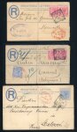 1888–95 Group of three 2pi blue registered envelopes, each uprated with 1pi and 2pi adhesives to pay the 4pi and 6pi registration rates. All are cancelled by LIMASSOL/CYPRUS squared-circle datestamps, with matching oval 