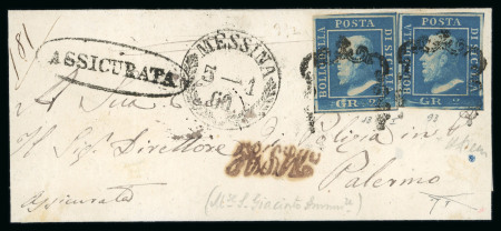 MESSINA / M.S.G.A.: 1860 (17.2) Small neat folded letter sheet sent to Palermo, franked 2 Gr. plate I, two singles, positions 13 and 93, showing unframed M.S.G.A. in red and oval ASSICURATA in black alongside, attractive