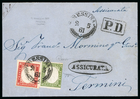 MESSINA: 1861 (9.5) Registered folded lettersheet to Termini, franked Sardinia 5c + 40c, all neatly tied by MESSINA cds, with similar and oval ASSICURATA alongside, a fine colourful and attractive franking.  Expertise: S